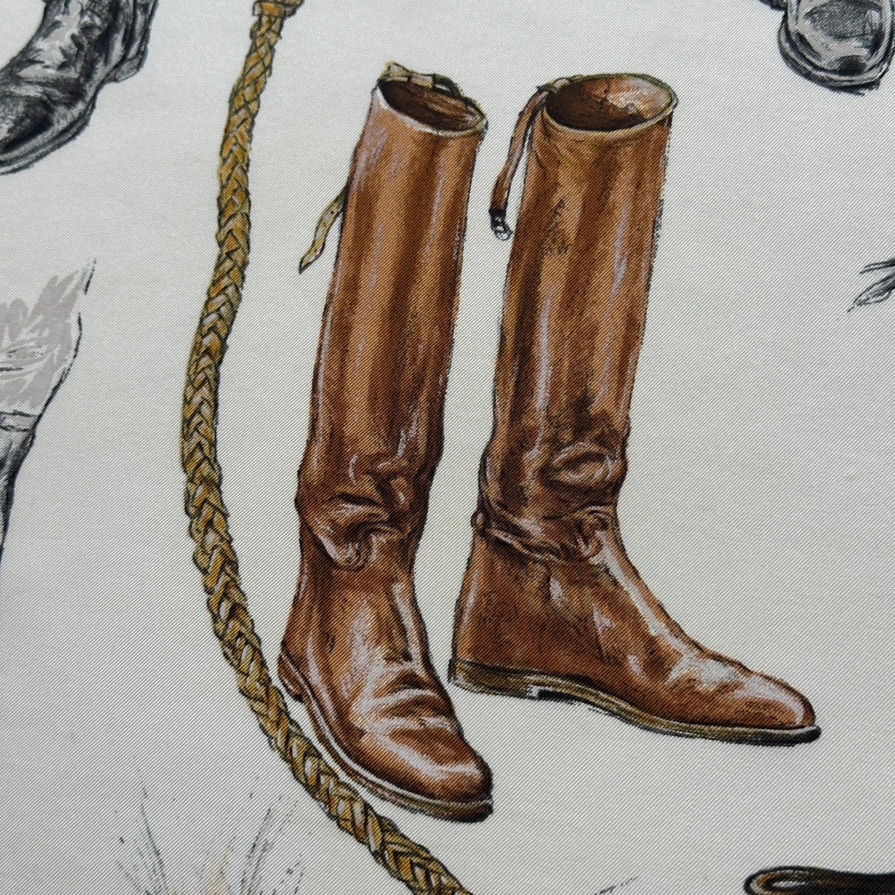 Gros plan sur une paire de bottes d'équitation en cuir fauve ultra-réalistes, style croquis.