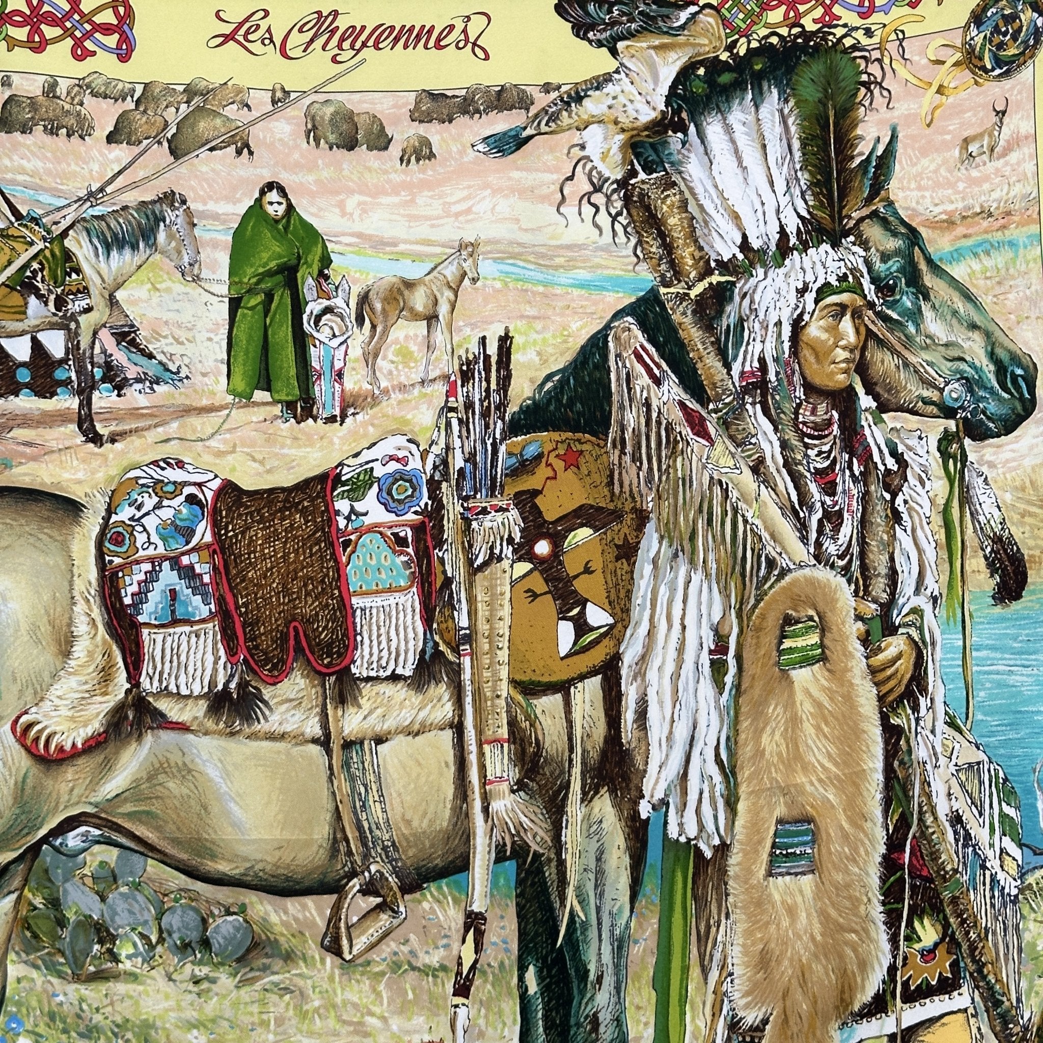 dessin d'un indien avec coiffe plumes et son cheval