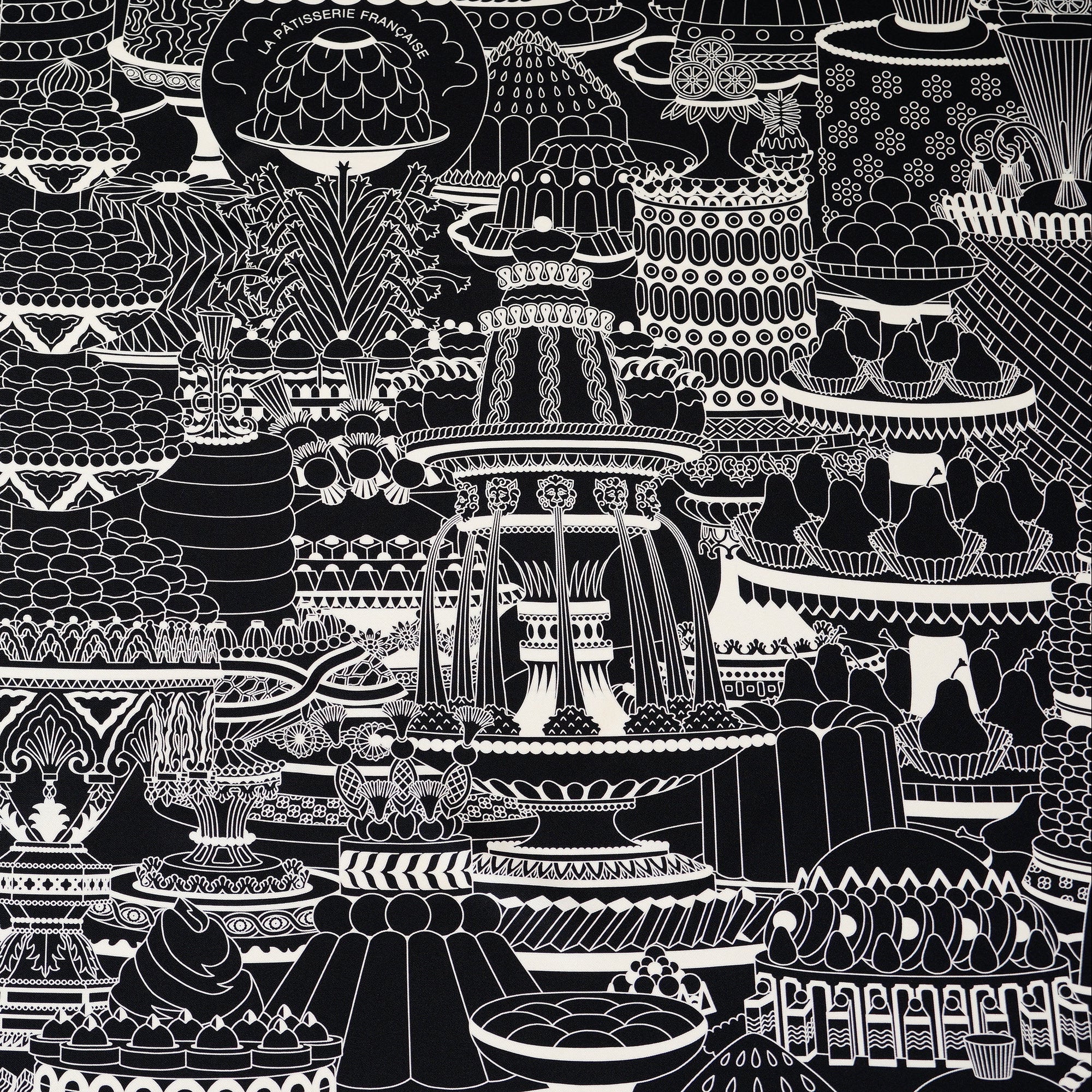 Illustration de fontaine de chocolat et pyramides de macarons, détail du dessin de Pierre Marie pour Hermès.