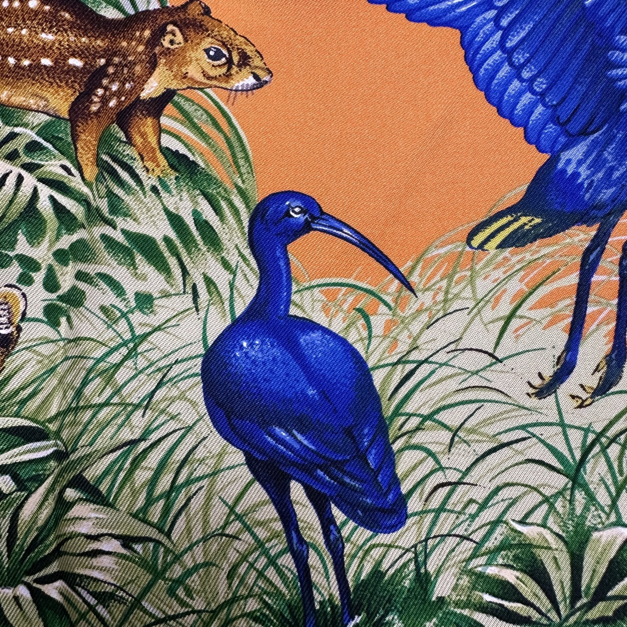 foulard hermes carre equateur modele wash de couleur orange detail d'un héron bleu