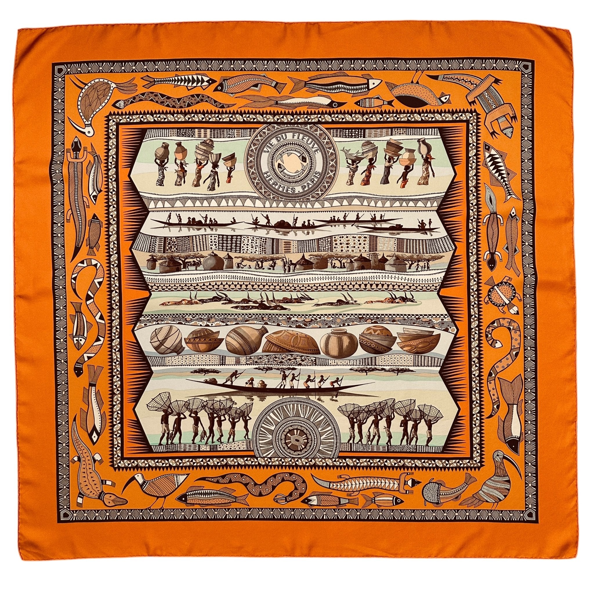 foulard carre hermes la vie du fleuve orange marron et vert