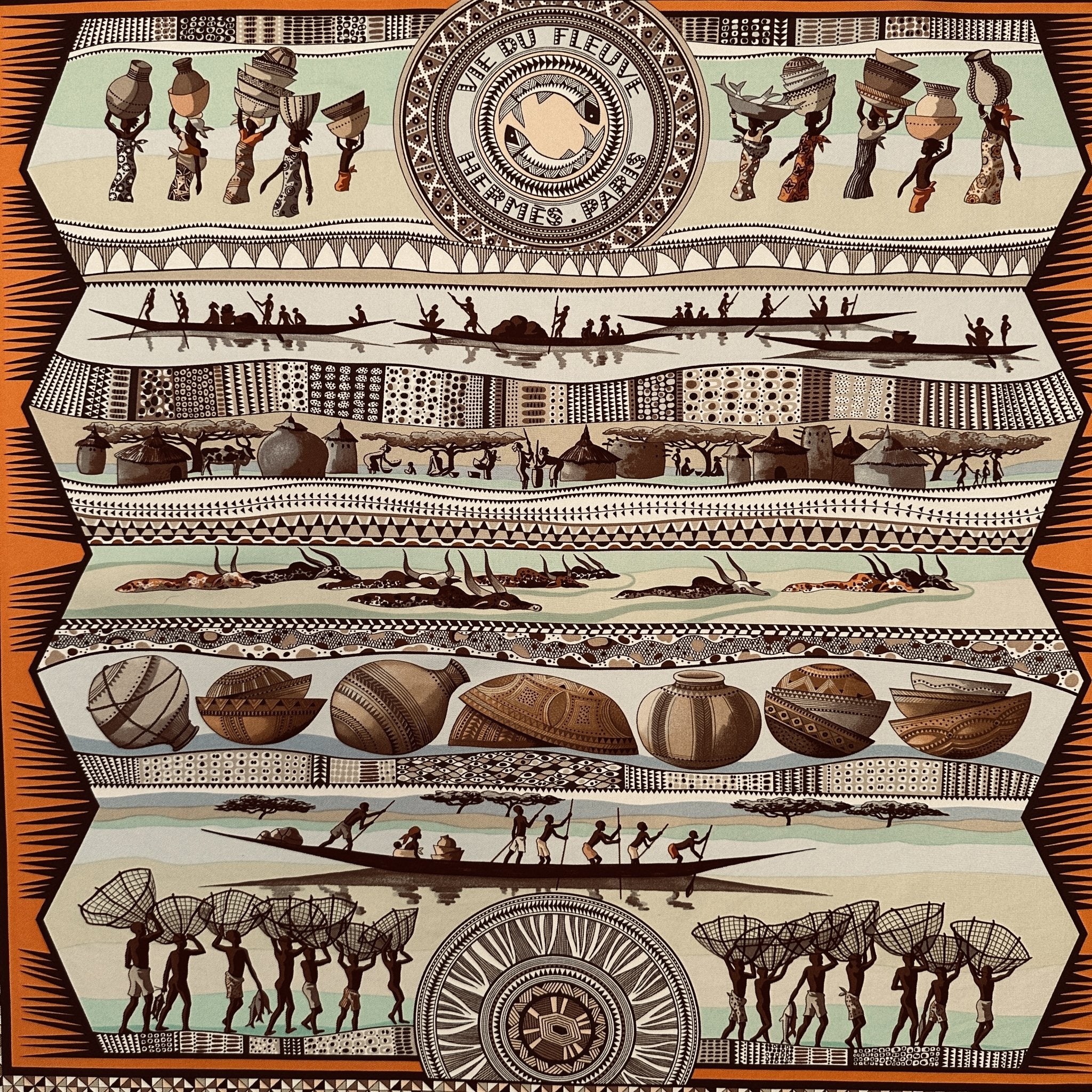 scenes de la vie du fleuve animaux et hommes au centre u foulard