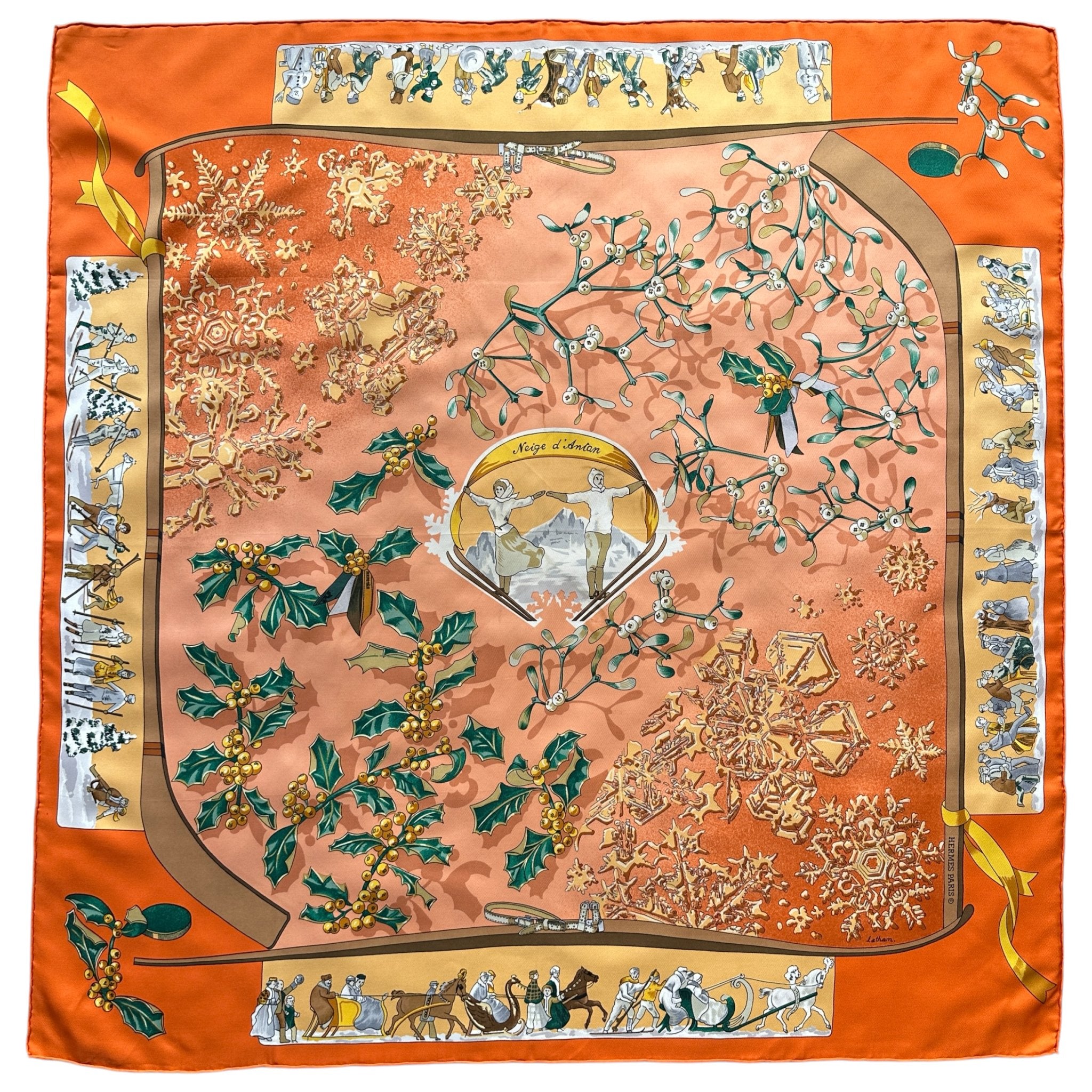 Foulard Hermès Neige d’antan 90 cm – Vue d’ensemble, fond corail, bord orange mandarine