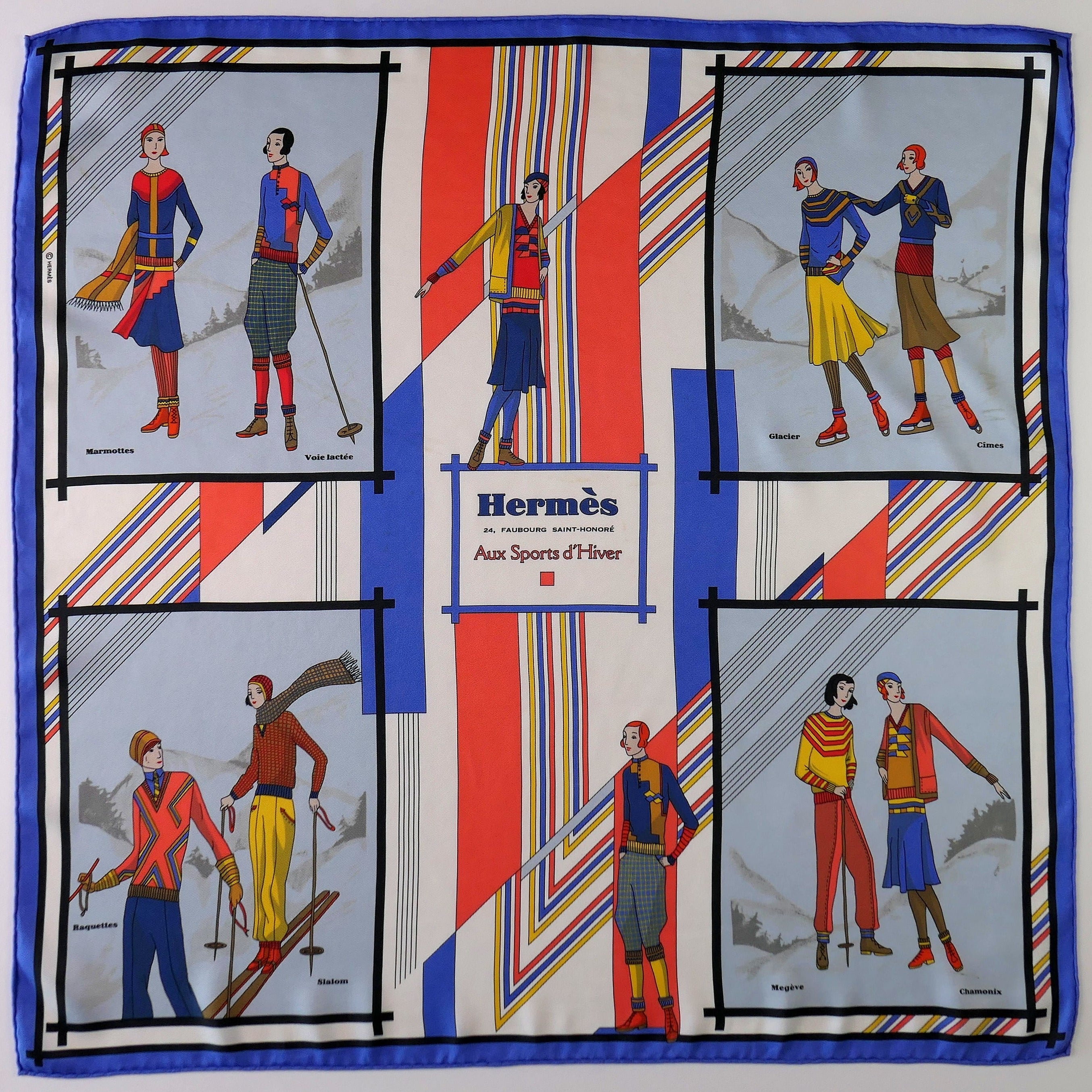 Carré Hermès Aux Sports d'Hiver, Archives Hermès, 70 cm soie, vue d'ensemble du dessin années 30