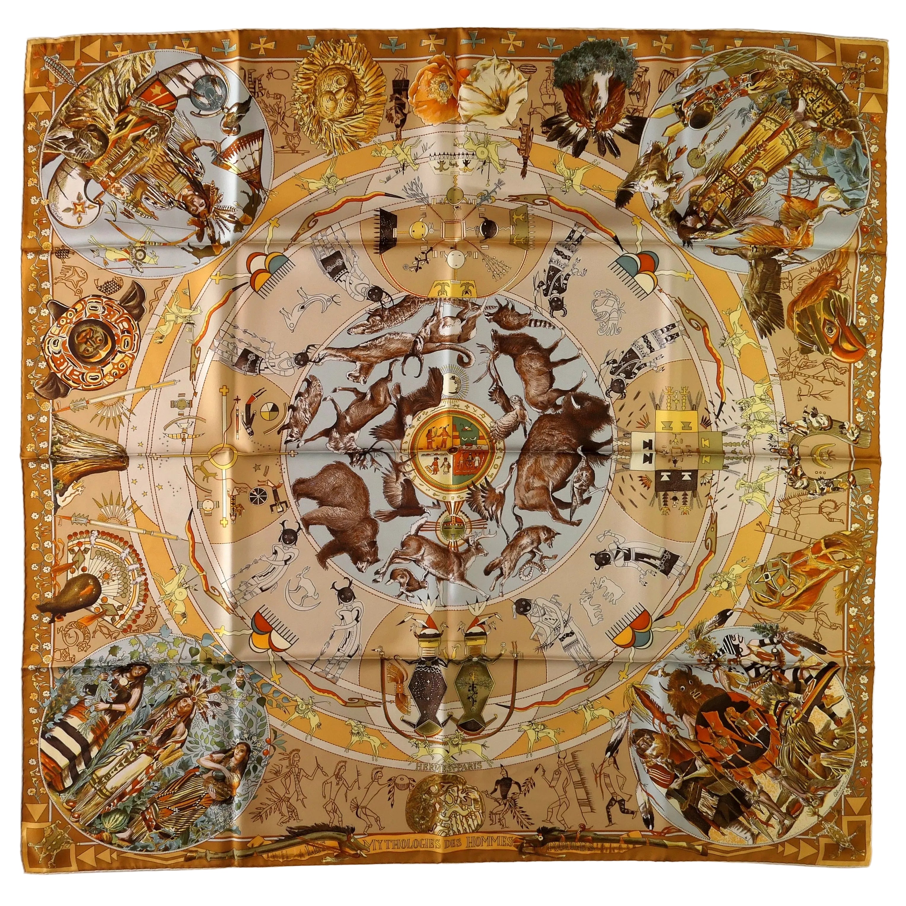 Carré Hermès Mythologies des Hommes Rouges Kermit Oliver 90 cm soie, vue d'ensemble ocre