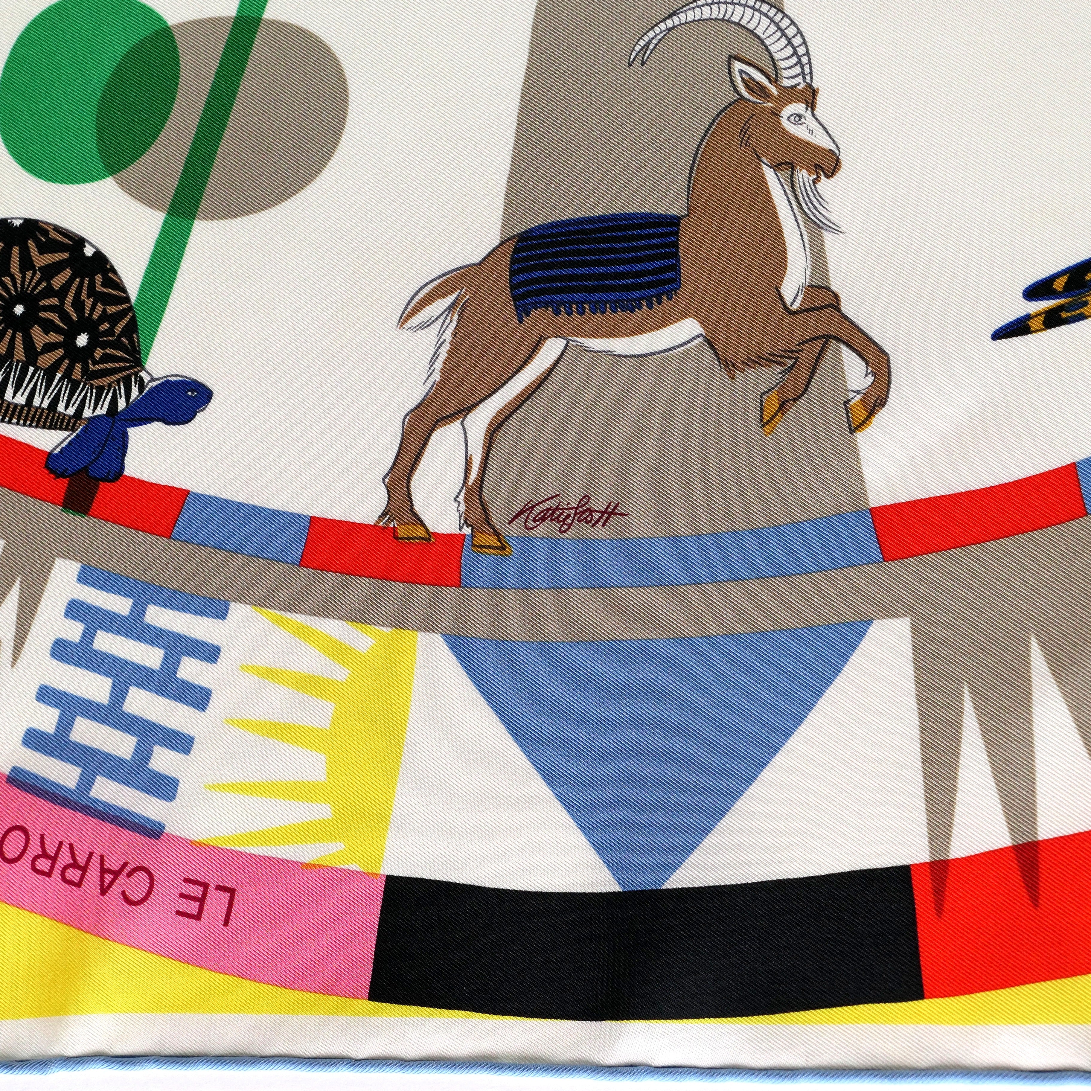 Carré Hermès Le Carrousel du Tigre Royal de Katie Scott, 90 cm soie, signature de l'artiste et bouquetin