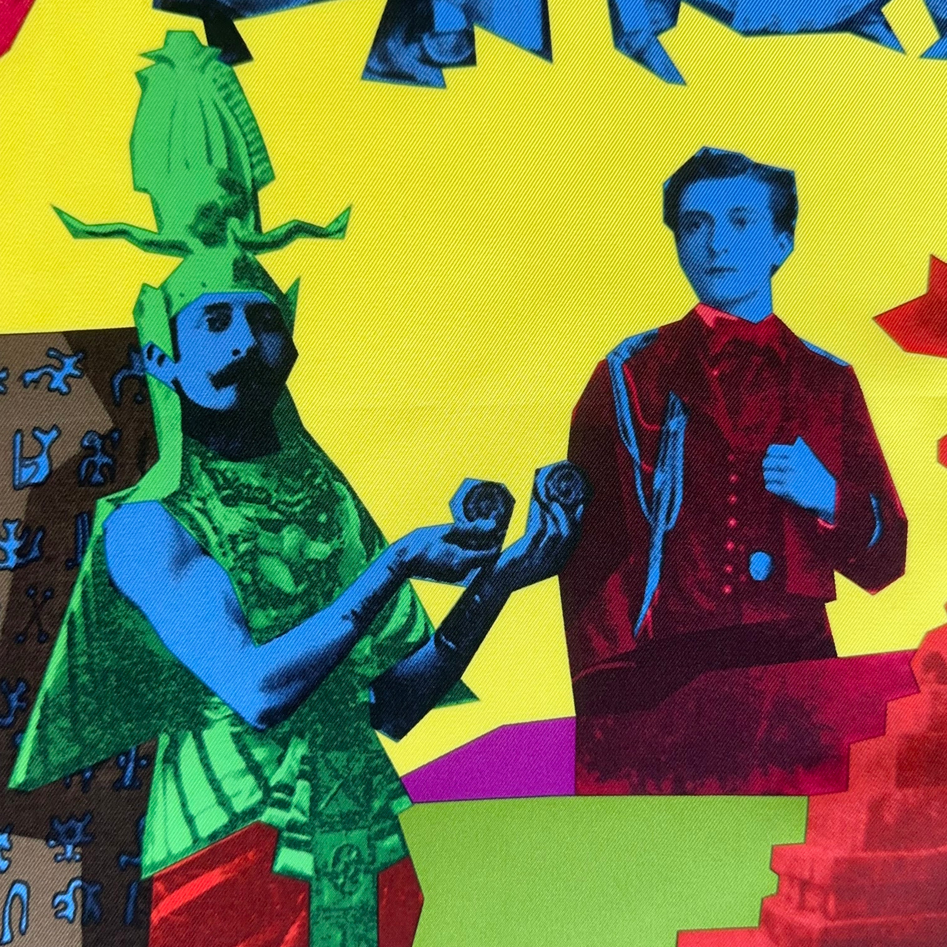 Détail de la partie supérieure : figure de divinité verte, Loti en uniforme rouge bordeaux et portique japonais sur fond jaune acide.