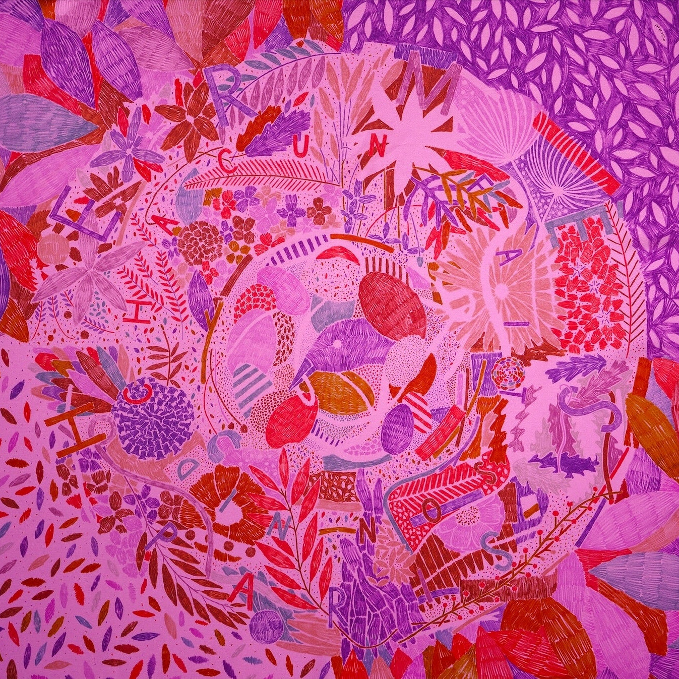 Carré Hermès 90 cm – Chacun fait son nid – Nigel Peake (2016) – Fuchsia