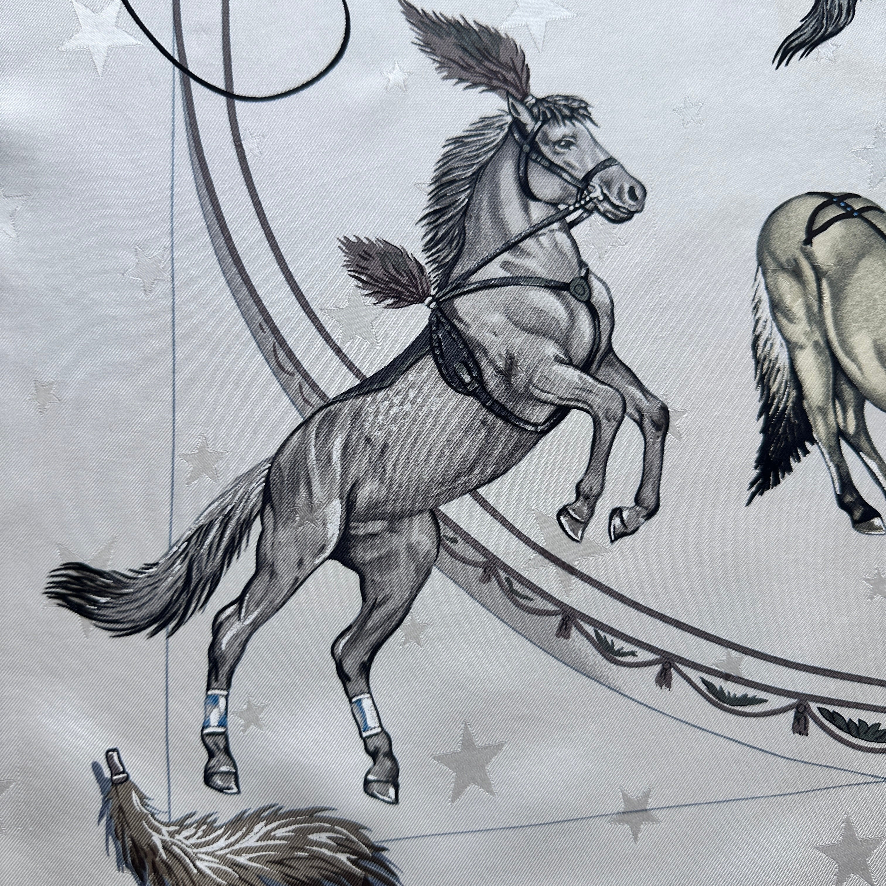 Zoom sur la texture soie damassée avec étoiles tissées et cheval cabré.