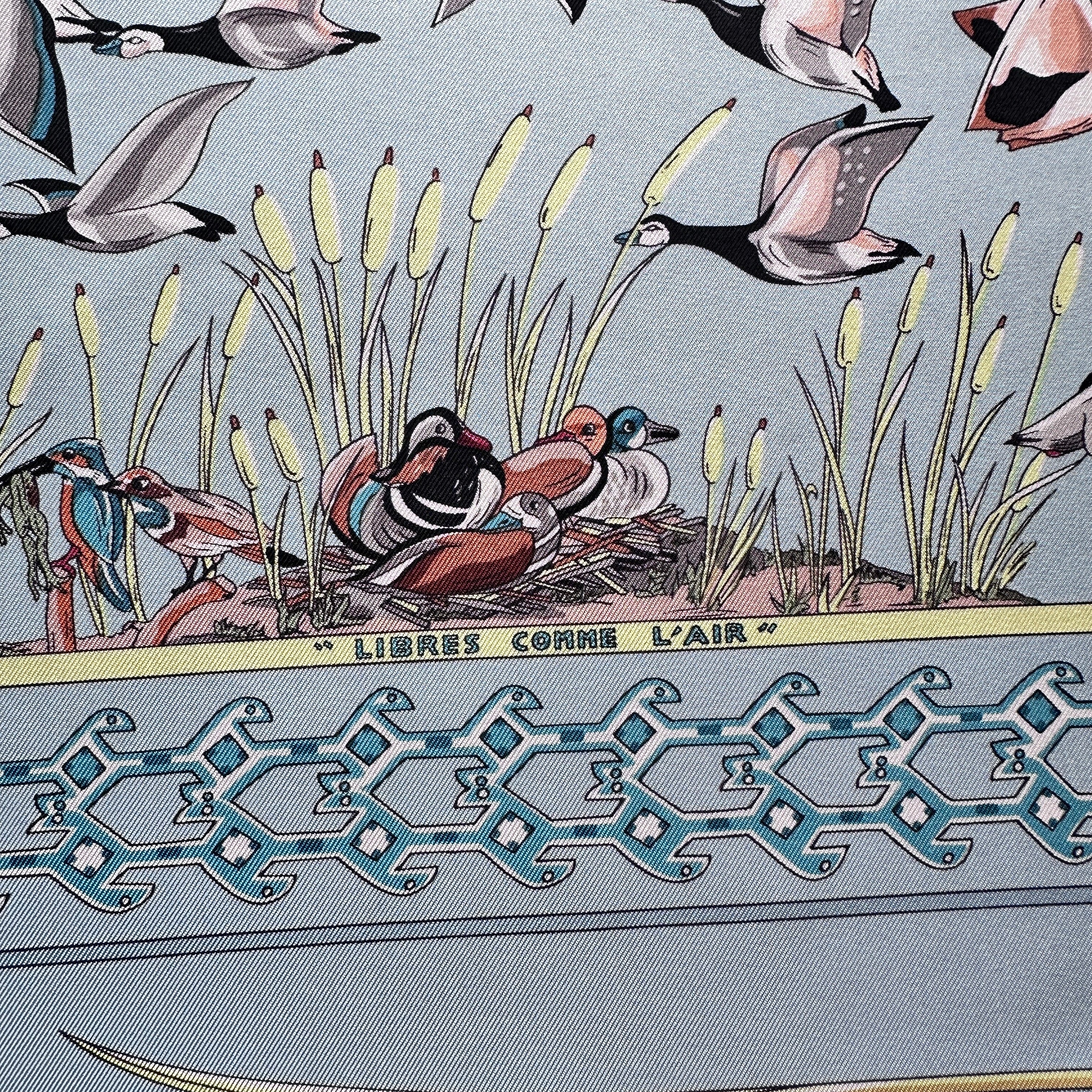 Vue d'ensemble du motif grouillant d'oiseaux sur fond bleu ciel avec titre dans le dessin "Libres comme l'air"